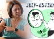 Nurse Practitioner, Suzette Boyette, flexes her muscle and points at her bicep. There is also a graphic overlay displaying self-esteem as portrayed by an illustrated woman smiling at her reflection in a mirror