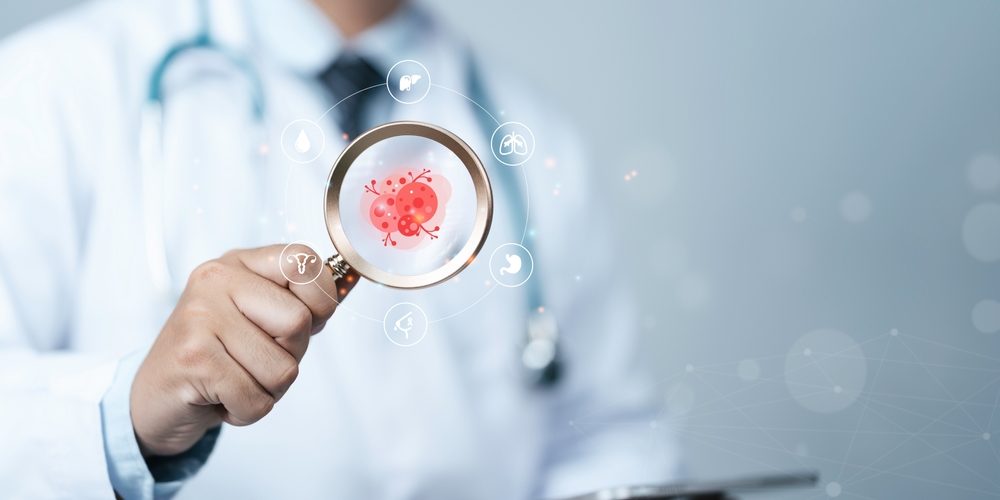 Doctor examining virus with magnifying glass